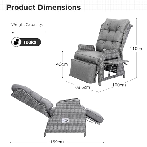 COMLAX FIELD Garden Recliner Chairs, Rattan Reclining Sunlounger with Thick Cushions, Adjustable Sun Lounger with Flip Table for Indoor Outdoor, Dark Grey