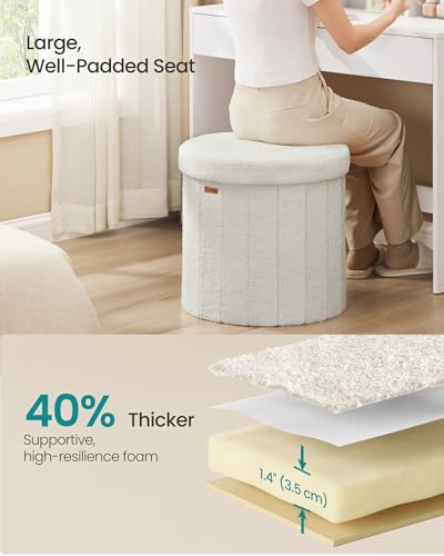 Image of SONGMICS Mazie Collection - Round Storage Ottoman, Folding Footrest Stool with Removable Lid, Easy Assembly, Teddy Fleece Vanity Stool for Bedroom, Living Room, Entryway, Cream White ULSF606W01