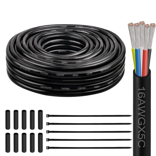 Image of 16 Gauge 5 Conductor Electrical Wire, 16 AWG Tinned Copper Stranded PVC Cable, Waterproof /Flexible /Low Voltage Extension Cord for Automotive, Marine, Solar, LED Lighting (25FT)