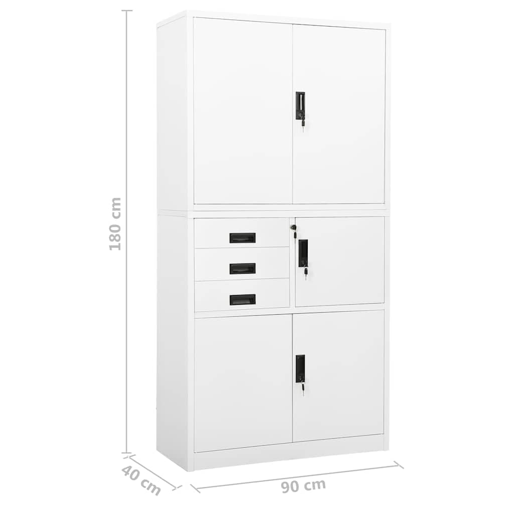 Armario de oficina blanco 90 x 40 x 180 cm de acero con 3 estantes ajustables, armario con cerradura, 3 cajones, diseño robusto para oficina, sótano, garaje, con soporte de pared