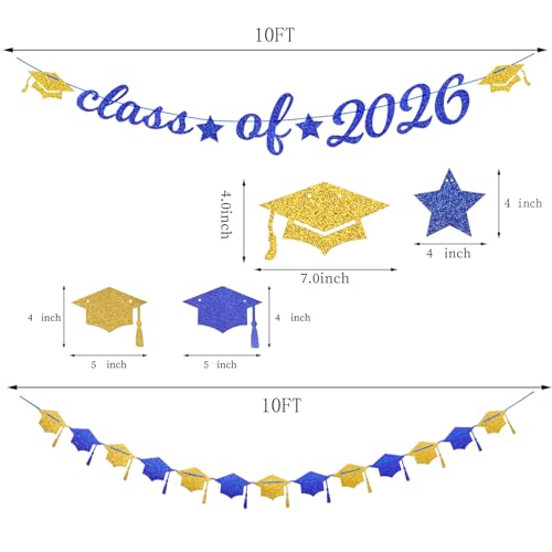 Image of Navy-Blue White-Gold Party-Decorations Graduation Banner - 8pcs Kits Class of 2026 Cap Garland Streamers, Paper Tissue Pom Poms Flowers, Congratulations Grad Decor Lasting Surprise