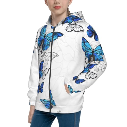 Blue Flying Butterflies Kids Pullover Hoodies Boys Zip Up