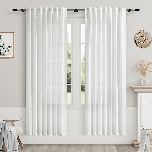 White Semi Sheer Linen Curtains 72 inch Length for Living Room Back Tab Rod Pocket Modern Farmhouse Coastal Decor Off White Cotton Textured Gauze Curtains 72 inches Long for Dining Room Office