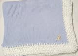 Knitted on Hand Knitting Machine Blue Cotton Hand Crochet Finished with White Rayon Chenille Infant Boys Large Blanket Size 32 By 45 Inches Trimmed with Customer Chosen Ivory Monogram Letter