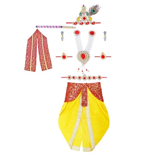 Image of Krishna Dress for Kids - FancyDress for Boys & Girls | Bal Krishna with Mukut, Flute & Accessories (Set of 10)| Janmashtami