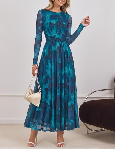 ZESICA Women's Maxi Dress 2025 Fall Long Sleeve Crewneck Floral Print Mesh Ruched Party Wedding Guest Dresses3