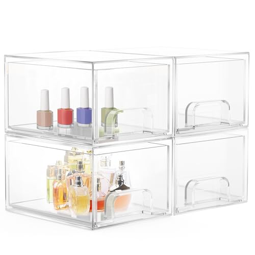 4 Piezas Organizador Apilables Transparentes, Acrílico Organizador Cajones Apilables Cajones Bañocon 32 Antideslizante Antideslizantes para Maquillaje, Baño, Tocador, Refrigerador, Oficina, Cocina