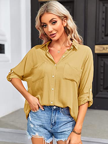 Modershe Blouses For Women Summer Casual V Neck Roll Up Cuffed Sleeve Pockets Button Down Shirts Loose Collared Tops Yellow #TOP1