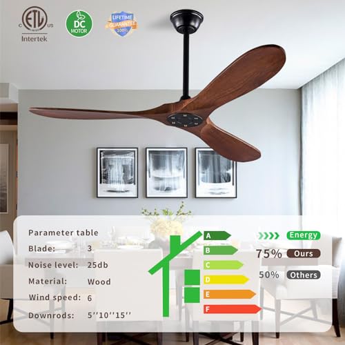 Rustic Walnut 52 Inch Ceiling Fan with Remote, Modern Outdoor Wood 3 Blade High CFM Ceiling Fans for Patios/ Porch/ Gazebo - Farmhouse Propeller Ceiling Fan for Living Room/ Bedroom/ Kitchen/ Indoor