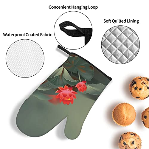 Lotus Flower And Dragonfly Print Oven Gloves, Heat Resistant Oven Mitts And Pot Holders,Grilling, Kitchens, Baking,Cooking (4-Piece Sets) #TOP2
