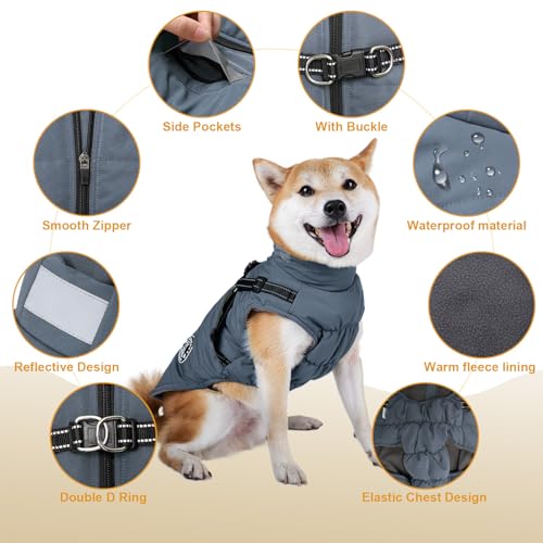 Hundemantel, Winter Hundejacke Wasserdicht Winddichte mit bauchschutz, Outdoor Hunde Wintermantel Hundeweste mit Fleece Gefütterte Reflektierend für Kleine Mittelere und Große Hunde