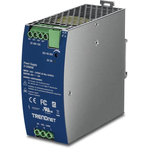 Image of TRENDnet 480W, 48 - 56V DC, 10A AC to DC DIN-Rail Power Supply with PFC Function, TI-S48048, 150% Peak Load Capability, UL 62368 Certified
