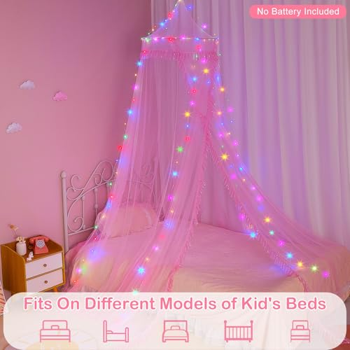 Unicorn Castle Bed Canopy for Girls with Remote Timer Breathable Canopy Bed Curtains with 8 Modes LED Lights Net Canopy for Bed for Girls Room Decor,Pink