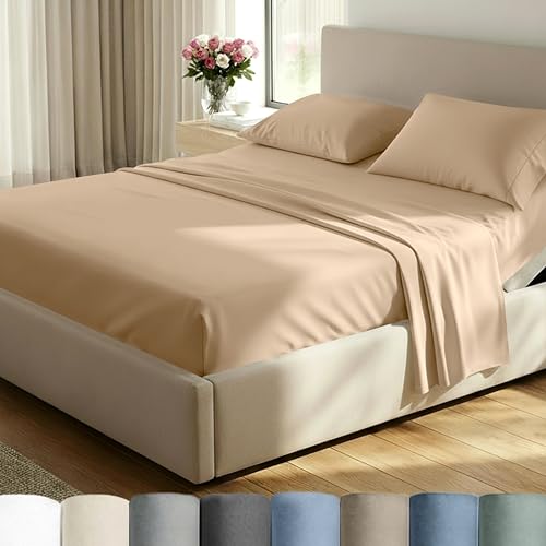 Image of California Design Den 100% Cotton Split King Sheets, 600 Thread Count Sateen, Soft, Cooling Cotton Sheets, Hotel-Quality Bedding Sheets & Pillowcases (Golden Tan)