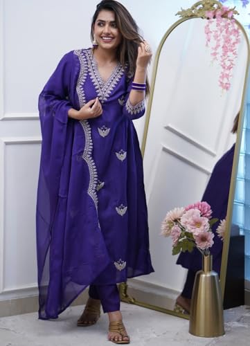 Image of Nermosa Women Printed Anarkali Kurta and Pant Set with Dupatta