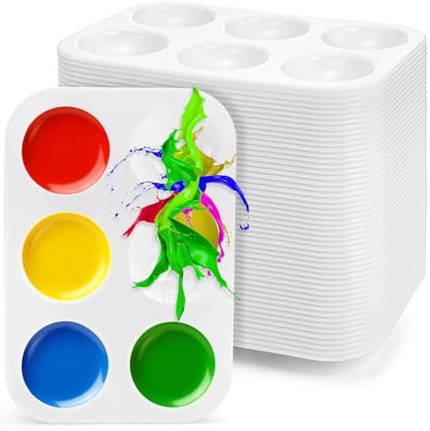 Cedilis 50 Pack White Art Paint Tray Palette, Rectangular Plastic Paint Tray for Adult, Student Watercolor Craft DIY Art Painting, 6 Wells, Easy to Clean