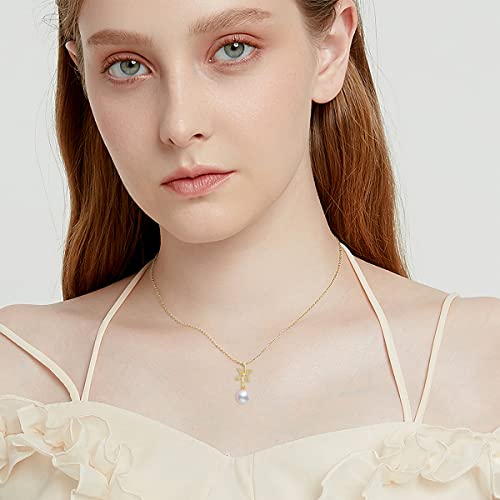 14K Real Gold Pearl Pendant Necklace for Women,Yellow Gold Butterfly/Crown/Flower Pearl Necklaces Christmas Birthday Jewelry Present for Wife Mom Girlfriend 16''-18''2