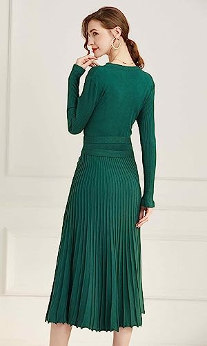 Image of Women's Long Sleeve Sweater Dress Ankle Length Fall Dress Vneck Knit Winter Dress