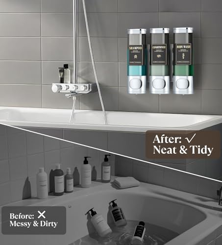 Image of Luxspire Shampoo and Conditioner Dispenser, Shower Soap Dispenser 3-Chamber | Lockable Large Capacity 900ml No-Drill Wall-Mounted Shampoo and Body Wash Dispenser for Bathroom Hotel Kitchen Airbnb