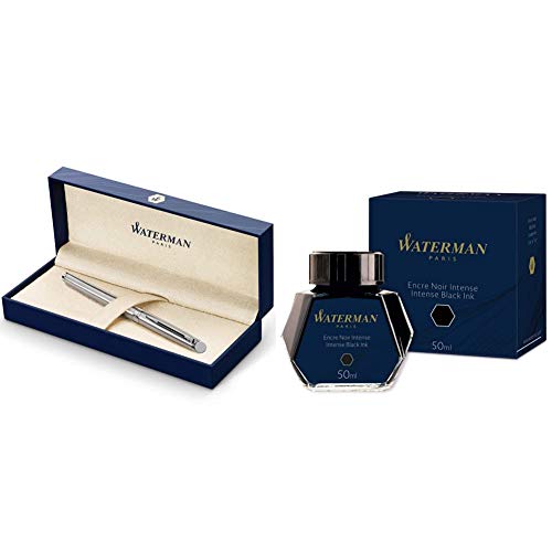 Waterman Hémisphère Acier Attributs Chromés Stylo Plume Pointe Fine - Dans son écrin + Waterman Encre pour Stylo Plume Noire Intense - Flacon de 50 ml...