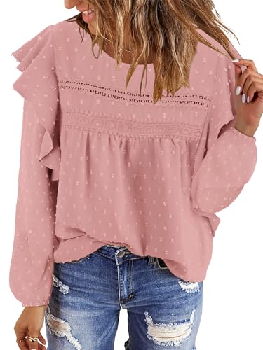 BETTE BOUTIK Womens Boho Fall Long Sleeve Shirts Crewneck Dressy Casual Blouses Trendy Flowy Tops