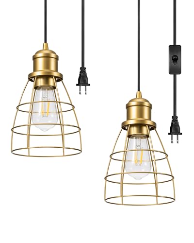 DEWENWILS Plug in Pendant Light, Industrial Pendant Light Fixture, Farmhouse Pendant Lighting for Bedroom Kitchen Island Dining Room, 2 Pack