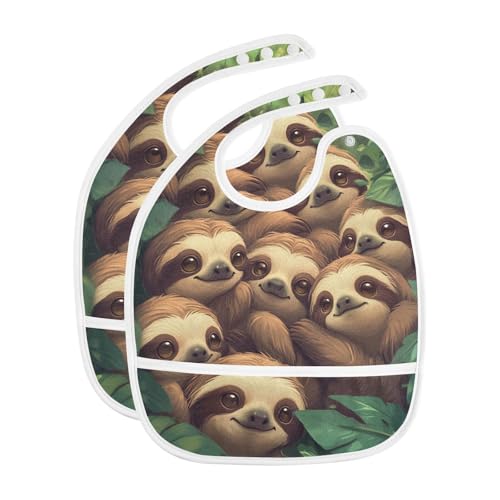 MCHIVER Sloth Tropical Green Baby Bibs for tag1 Waterproof Feeding Bib Apron with Food Cather Adjustable Cotton Food Eating Bib 2 Pack