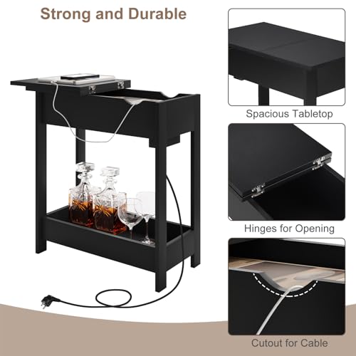 Miniatura 6 de Eugad Mesita Auxiliar, Mesa De Sofa Con Tablero Plegable, Compartimento Oculto Y Estante De Almacenaje, Mesita Estrecha Con Enchufe Y Puertos Usb, Ideal Para Salón Y Dormitorio, Negro, 0002chj
