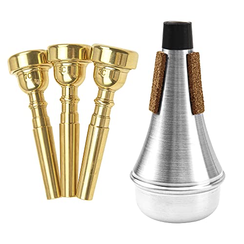 4Pcs Yootones Trumpet Mouthpiece (3C 5C 7C) with Trumpet Mute Silencer Compatible with Yamaha Bach Conn King Trumpet Replacement Musical Instruments Accessories (Gold)