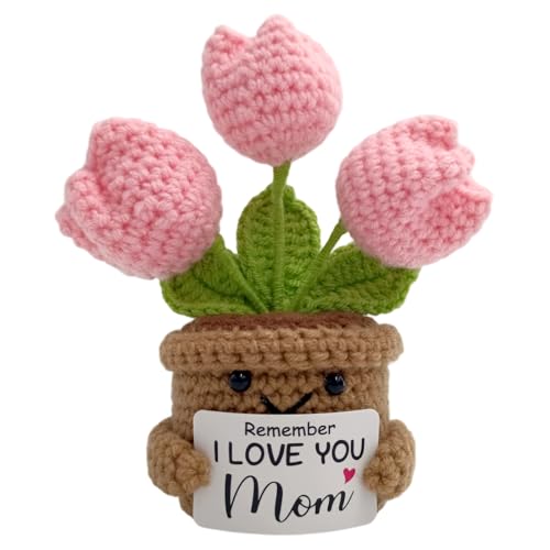 Fmcmly Mini Birthday Gifts for Mother Remember I Love You MOM Handmade Crochet Cute Tulip Flower Gift for Mom from Daughter or Son