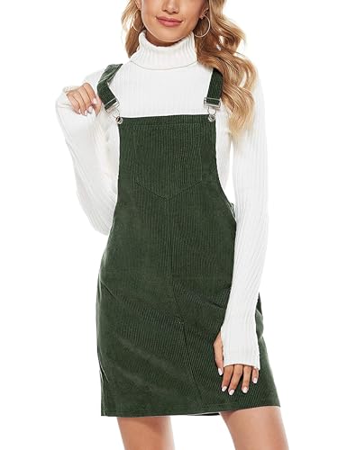 Yeokou Corduroy Overall Dress for Women Black Bib Pinafore Suspender Dress Skirt Jumpsuits, DarkGreen-M