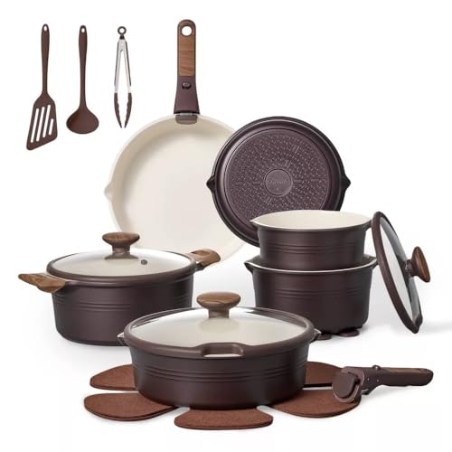 Carote 24-Piece Ceramic Nonstick Cookware Set with Detachable Handle PFAS-Free Healthy Cooking Pots & Pans Stackable Design with Pour Spouts All-Stovetop Compatible Dishwasher Safe (Chocolate)