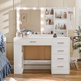 FNeL 37" Makeup Vanity Desk with Mirror and Lights Makeup Vanity Table with 5 Drawers, Large Storage Cabinet & 4 Necklace Hooks, Dressing Table for Bedroom, White