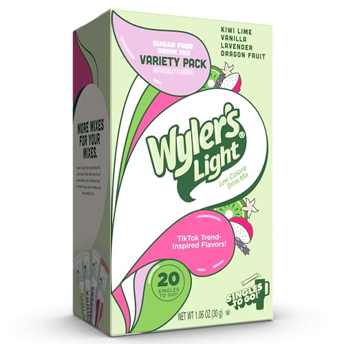 Wyler's Light Singles to Go Powder Packets, Water Drink Mix, Variety Pack, Watertok Base Flavors, Kiwi Lime, Vanilla, Lavender, and Dragon Fruit, Sugar & Caffeine Free, On-The-Go, 20 Count (Pack - 1)