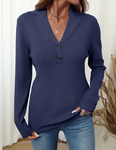Image of LOMON Sweaters for Women 2025 Fall Knitted V-Neck Collared Button Pullover Dressy Casual Long Sleeve Polo Shirts Business