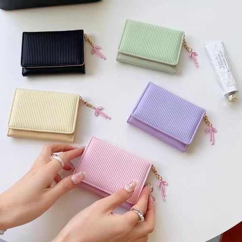 Elegant Tri-Fold Wallet for Women – Compact Pink Card Holder & Coin Purse with Charm, Chic Pink Ribbed Wallet with Bow Charm – Small Tri-Fold Card Holder & Coin Pouch Gift for Her2