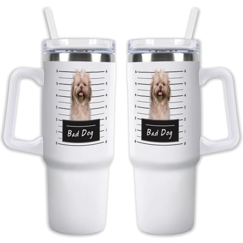 GABSHAIM Custom White Tumbler Double-Layer Insulation Dog Travel Mug with Handle & Straw Lid Double Sided Printed Travel Coffee Cup Shih Tzu Pattern Design 40 oz Style2