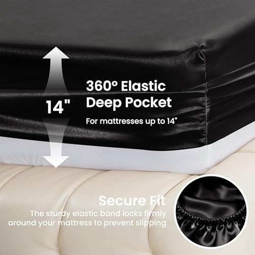 Image of Love's cabin Satin Full Sheets Set - 6 Piece Black Silky Bed Sheets Set with Deep Pocket, Luxury Silk Feel Satin Full Size Sheet Set (1 Flat Sheet,1 Fitted Sheet,4 Pillow Cases)