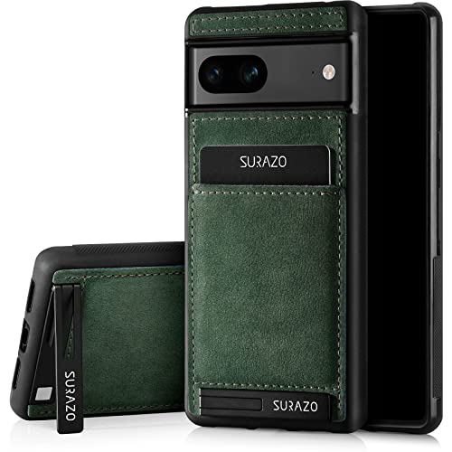 Custodia posteriore in vera pelle per Google Pixel 7A resistente agli urti con scomparto per carte di credito funzione leggio portachiavi vintage slim bumper verde scuro
