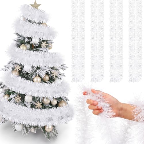 72 Feet Christmas Tinsel Garland Snow White Metallic Twist Stream...