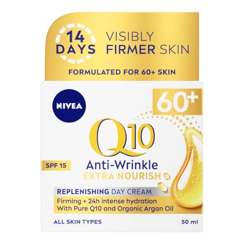 NIVEA Q10 Anti-Wrinkle 60+ Extra Nourishing Day Cream SPF15 (50ml) Deeply Restoring Anti Wrinkle Face Cream for Intense Hydration Reduces Wrinkles and Firms Skin Dry Skin Face Moisturiser