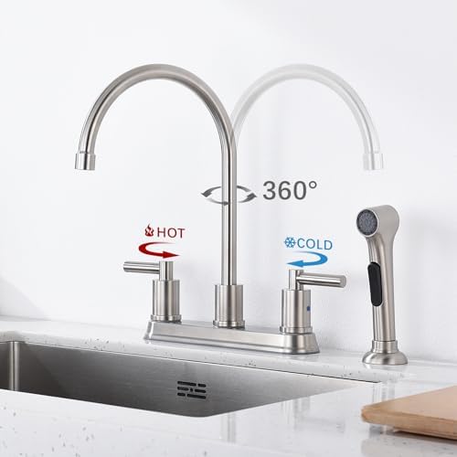 ARRISEA Kitchen Faucet with Pull-Out Side Sprayer + High Arc + Brushed Nickel 2-Handle 8-Inch Centerset