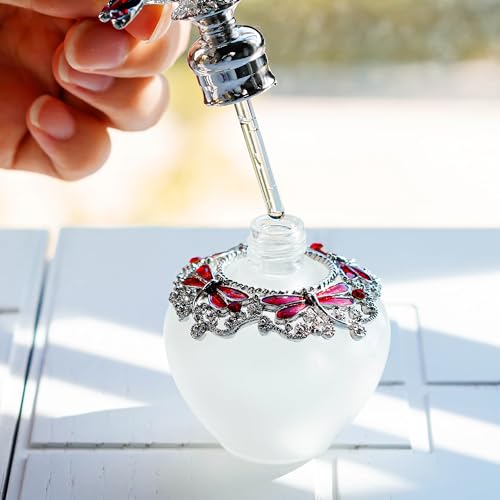 YU FENG Dragonfly Decorative Glass Perfume Bottle Jeweled Enameled Fancy Crystal Perfume Holder Scent Bottles Empty Refillable(Red,40ml)