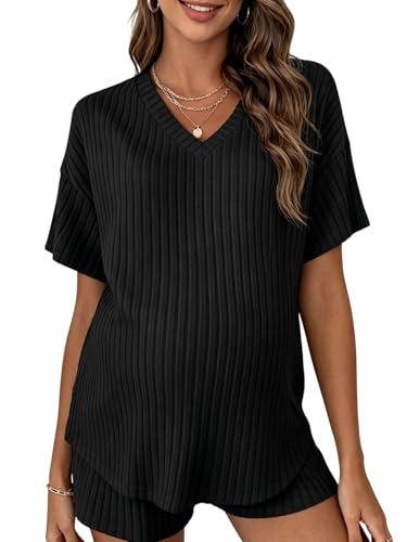 Image of MakeMeChic Women's Maternity Sets Summer Rib Knit Top and Short | 2 Piece Mama Clothes,Lounge,Short Sleeve Tee Shirt,Pregnancy Pajamas,Bump Friendly Outfits