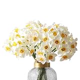 mizikuu 12 narcisos Artificiales, narcisos de Seda Real Artificial Narciso Flores de narcisos Falsos Ramo de narcisos de Seda sintética para Bodas, jardín, Hotel, oficinas Decorativas, Blanco