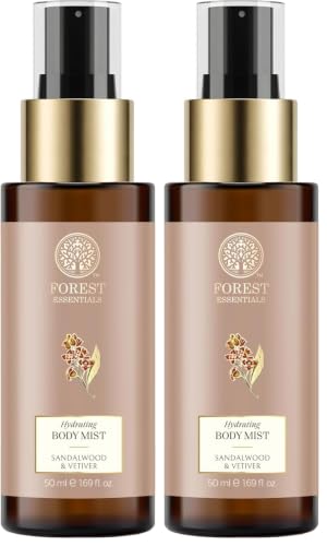 Image of Forest Essentials Fragrant Body Mist Sandalwood & Vetiver | Aloe Vera juice infused Perfume Spray to keep Skin Scented & Hydrated Through the Day (Pack of 2)