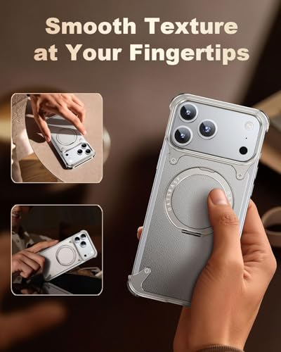 Image of Aluminum Frame Metal Bumper Compatible with iPhone 17 Pro Max | Simple Shield Air Cushion Shockproof | Edge Protection, Minimalist Slim - Black (Frame-Leather -Silver, iPhone 17 Pro Max)