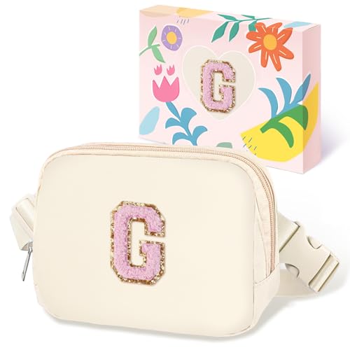 Image of COSHAYSOO Valentines Birthday Initial Gifts for Women Teen Girls 5 6 7 8 9 10 11 12 13 14 Year Old Ivory Fanny Pack for Girls Belt Bag Crossbody Travel Purse Unique Trendy Cute Stuff Chenille Letter G