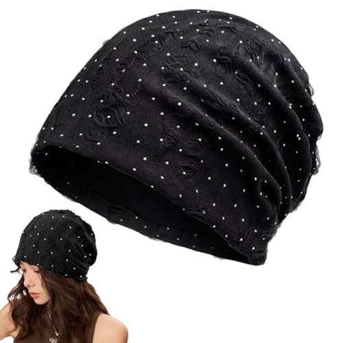 huablo Women's Soft Thin Cotton Beanie with Ripped Details & Sparkling Rhinestones, Hipster Knit Hat for Men (US, Alpha, One Size, Rhinestone Black)