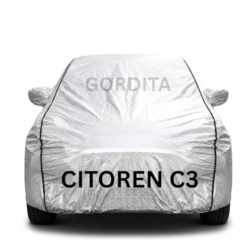 Image of Waterproof Car Body Cover for C3 All Weather Protection Comes with Inner Cotton Lining & Triple Stitched with Mirror & Antenna Pocket Belt & Elastic Fit Metallic Silver with Black Piping2